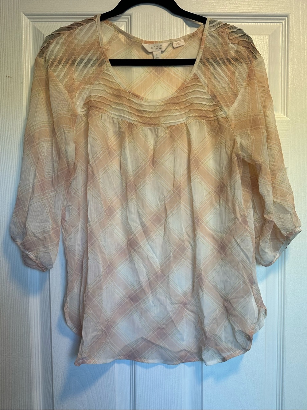 LC Lauren Conrad Pale Pink and Cream Plaid Blouse